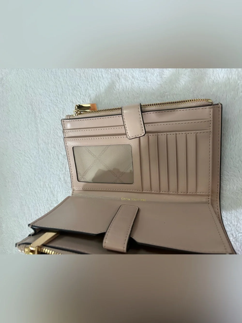 Michael Kors Pebbled Leather Wristlet in Taupe Beige with Gold Hardware
